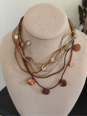 Vintage Multi-Strand Copper, Silver & Gold Metal Disks Seed Beaded Necklace